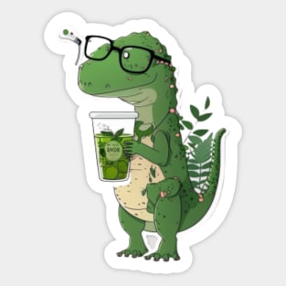 Green T-rex drinking tea Illustration Sticker